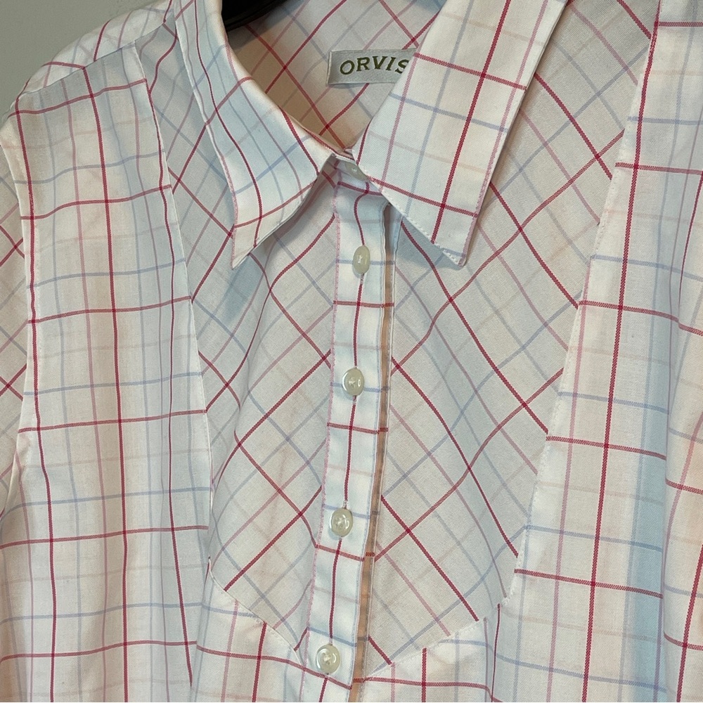 Womens Orvis Large White Pink Checked Blouse Shirt Long Sleeve Vintage - Picture 2 of 6